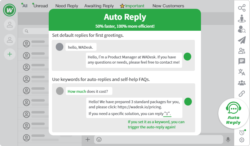 Wadesk Dashboard Interface showing scheduled messages, multiple WhatsApp accounts, and CRM customer profile on the right sidebar