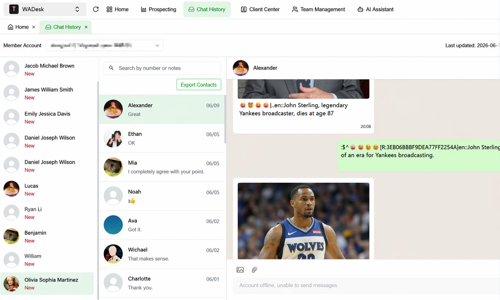WADesk team backend showing multiple WhatsApp conversations in one workspace