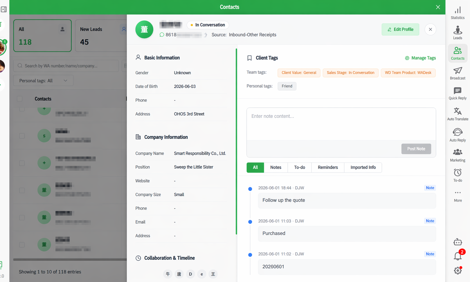 WhatsApp customer information, sales stage and follow-up context in WADesk