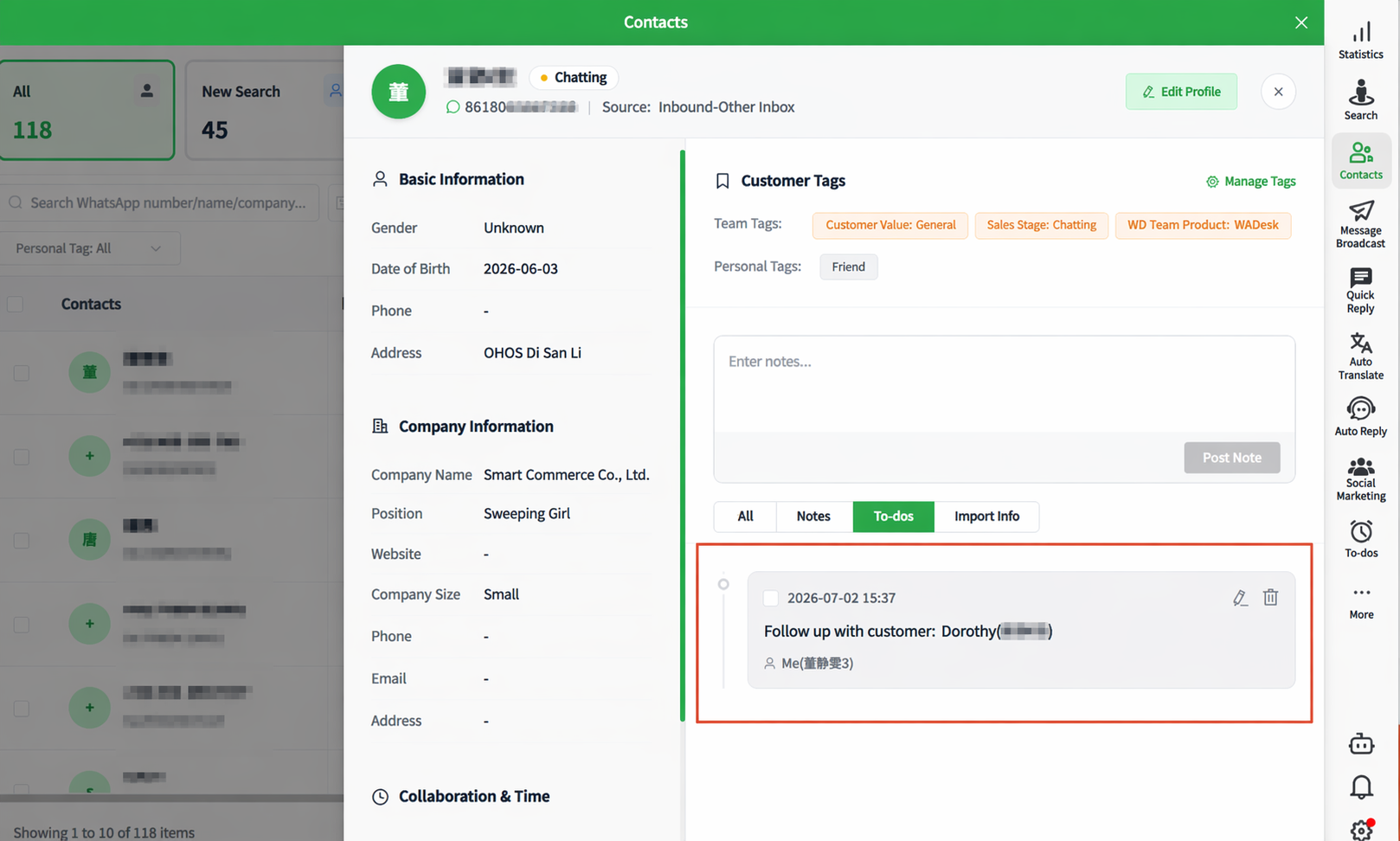 WADesk customer profile showing lead context, tags and follow-up tasks beside customer information