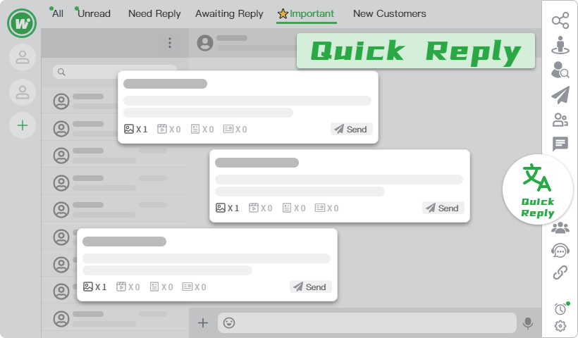 Wadesk 后台界面，显示定时消息、多个 WhatsApp 账号和右侧侧边栏的 CRM 客户资料